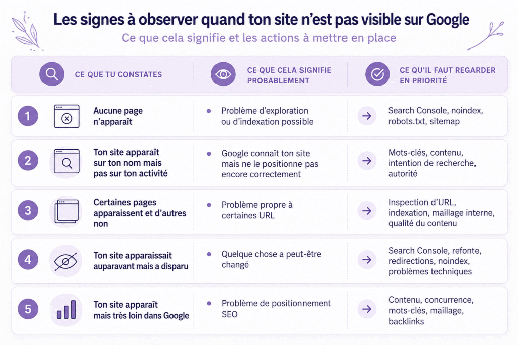 Tableau de diagnostic SEO : pourquoi un site n’apparaît pas sur Google, causes possibles et vérifications prioritaires pour améliorer sa visibilité.