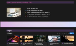 Capture d'écran de l'espace de travail du coaching SEO en ligne